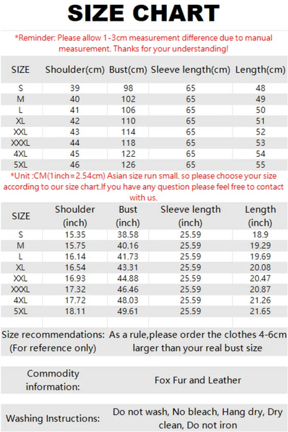 Shearling Luxe Fur-Collar Leather Jacket – Premium Winter Outerwear size chart with shoulder, bust, sleeve length, and length measurements