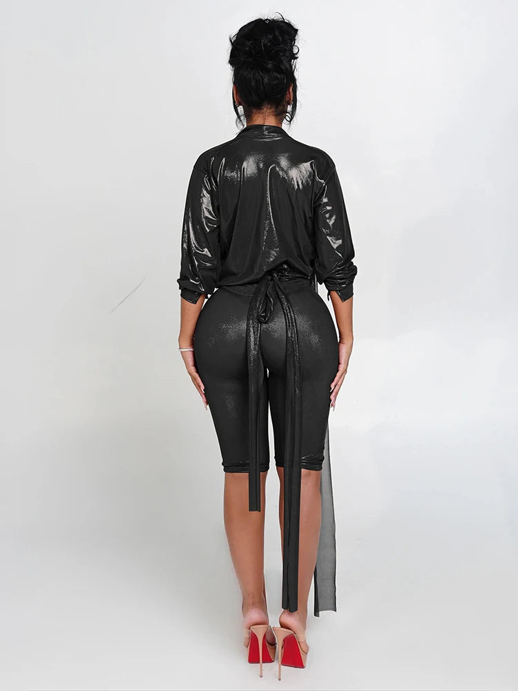 Sheer Wrap Crop Top & High-Waist Biker Shorts Set - Rose in Concrete