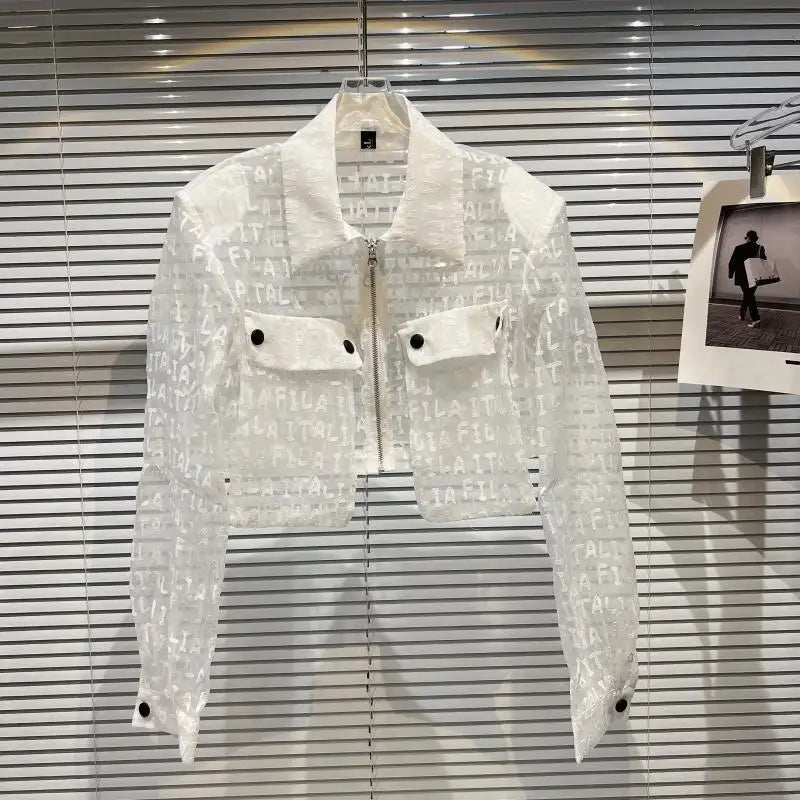 Transparent Mesh Crop Jacket – Turn-Down Collar & Lantern Sleeves - Rose In Concrete 🥀