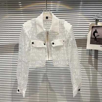 Transparent Mesh Crop Jacket – Turn-Down Collar & Lantern Sleeves - Rose In Concrete 🥀