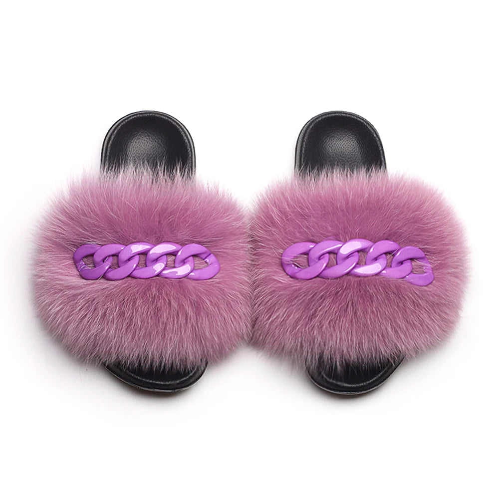 Women’s Fluffy Fox Fur Chain Slides