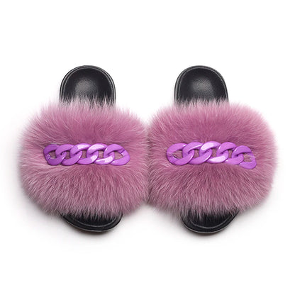 Women’s Fluffy Fox Fur Chain Slides
