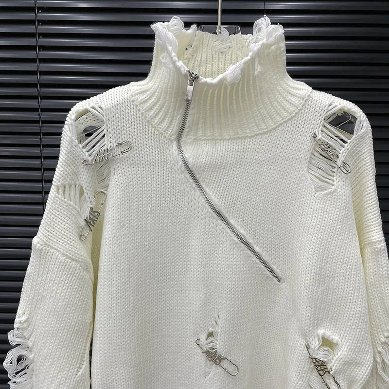 Distressed Half-Zip High Collar Knit Sweater in white with shredded distressing, asymmetrical half-zip hardware and oversized streetwear fit