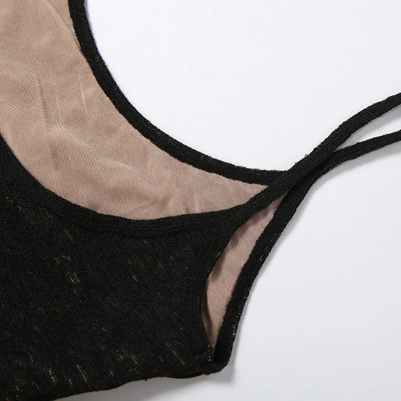 Close-up of the neckline and spaghetti straps of the Black Safety-Pin Asymmetrical Bodycon Mini Dress.