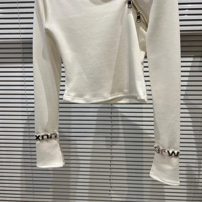 Alt Tag: Asymmetric Zip Sculpt Long-Sleeve Top – Minimalist Streetwear Cutout Tee in white, diagonal zipper, sculpted stretch fit, wrist accents