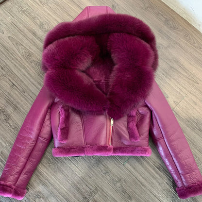 Shearling Luxe Fur-Collar Leather Jacket showcasing a sumptuous oversized shearling fur collar and sleek leather design.