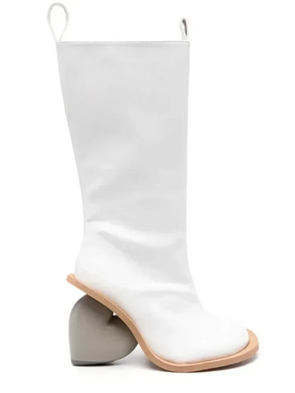 Alt Tag: Heartbreak Heeled Mid-Calf Boots in white microfiber leather with curved heart heel, sculptural runway statement for women