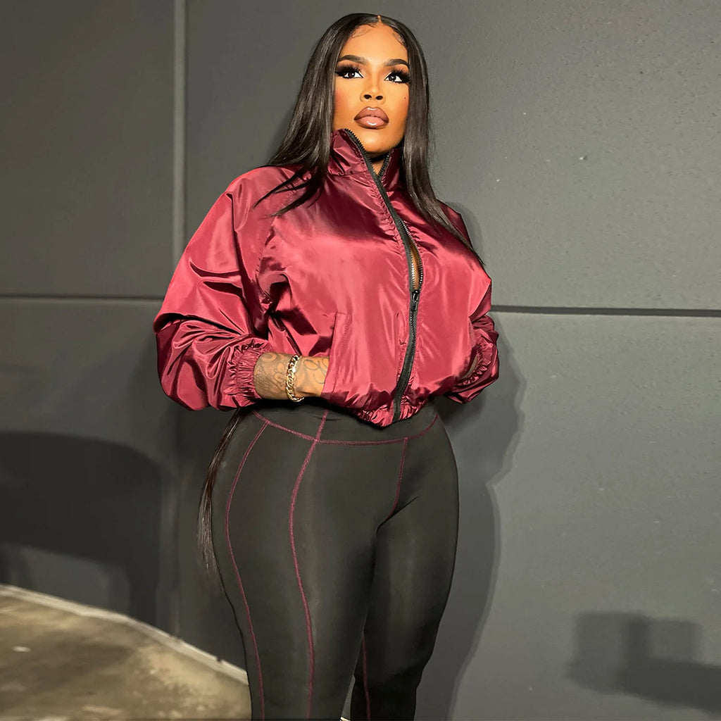 Velocity Luxe Zip-Front Active 2-Piece Set | Contrast Stitch Leggings & Cropped Jacket glossy cropped zip jacket with contrast-stitch leggings
