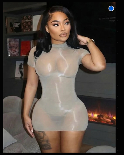 Sheer Mesh Short Sleeve Bodycon Mini Dress - Rose in Concrete