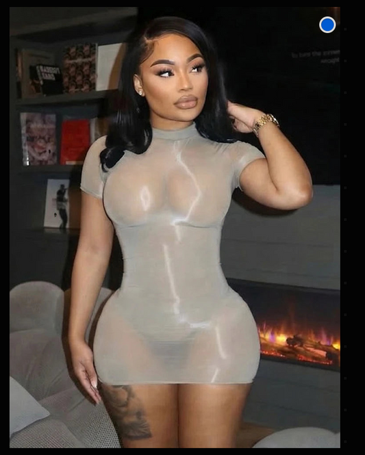 Sheer Mesh Short Sleeve Bodycon Mini Dress - Rose in Concrete