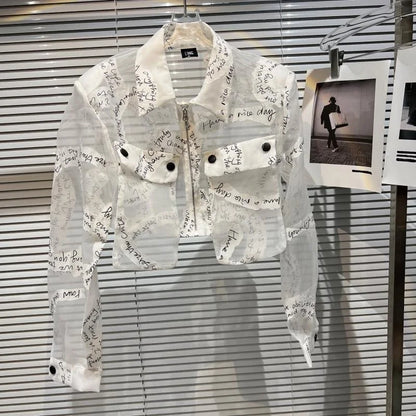 Transparent Mesh Crop Jacket – Turn-Down Collar & Lantern Sleeves - Rose In Concrete 🥀
