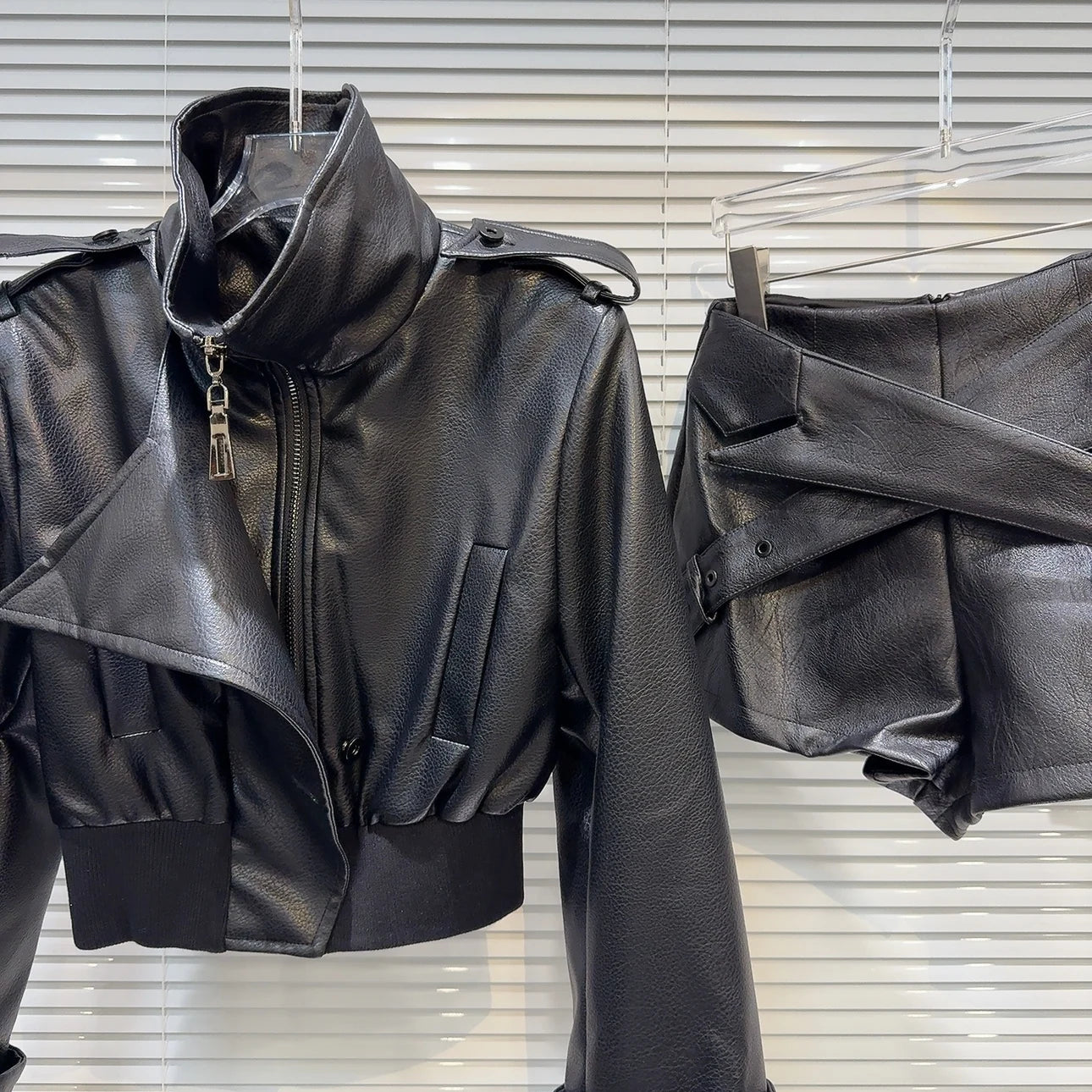 Cross-Belt Faux Leather Mini Set – Jacket + Shorts (2-Piece) - Rose In Concrete 🥀