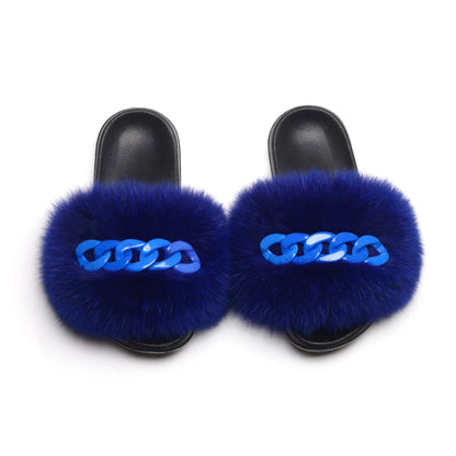 Women’s Fluffy Fox Fur Chain Slides