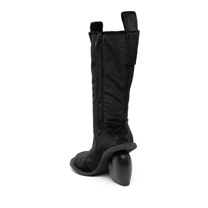Alt Tag: Heartbreak Heeled Mid-Calf Boots in black microfiber leather, rear view with sculptural curved heart heel and zip closure