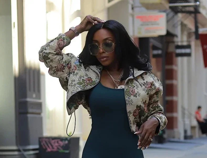 Floral Bomber Crop Jacket & Cargo Patchwork Wide-Leg Jean Set floral cropped bomber jacket streetwear set