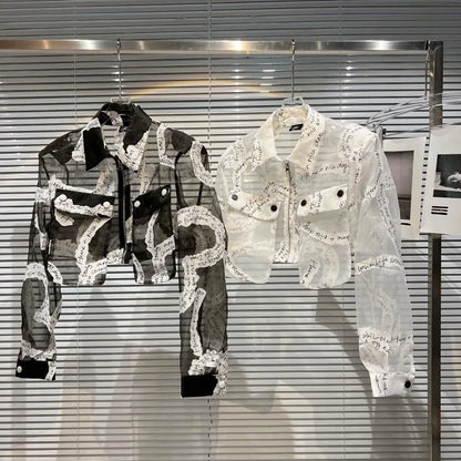 Transparent Mesh Crop Jacket – Turn-Down Collar & Lantern Sleeves - Rose In Concrete 🥀