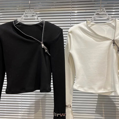 Alt Tag: Asymmetric Zip Sculpt Long-Sleeve Top – Minimalist Streetwear Cutout Tee in black and white, diagonal zip neckline, long sleeves