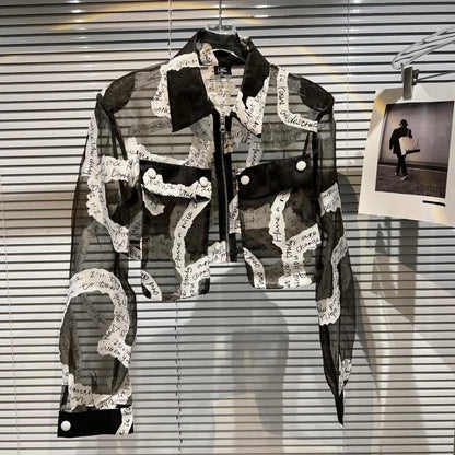 Transparent Mesh Crop Jacket – Turn-Down Collar & Lantern Sleeves - Rose In Concrete 🥀