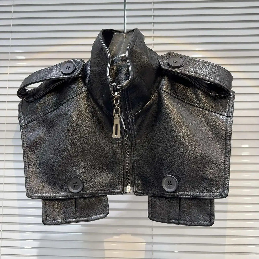 Structured faux leather jacket featuring a bold zip front and unique cropped design for high-fashion streetwear.