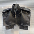 Structured faux leather jacket featuring a bold zip front and unique cropped design for high-fashion streetwear.