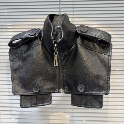 Structured faux leather jacket featuring a bold zip front and unique cropped design for high-fashion streetwear.