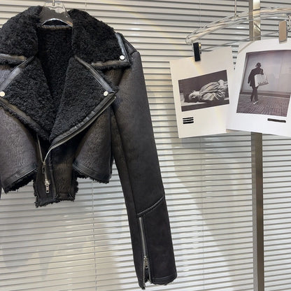 Faux-Leather Shearling Moto Jacket Cropped Winter Biker Coat - Rose In Concrete 🥀