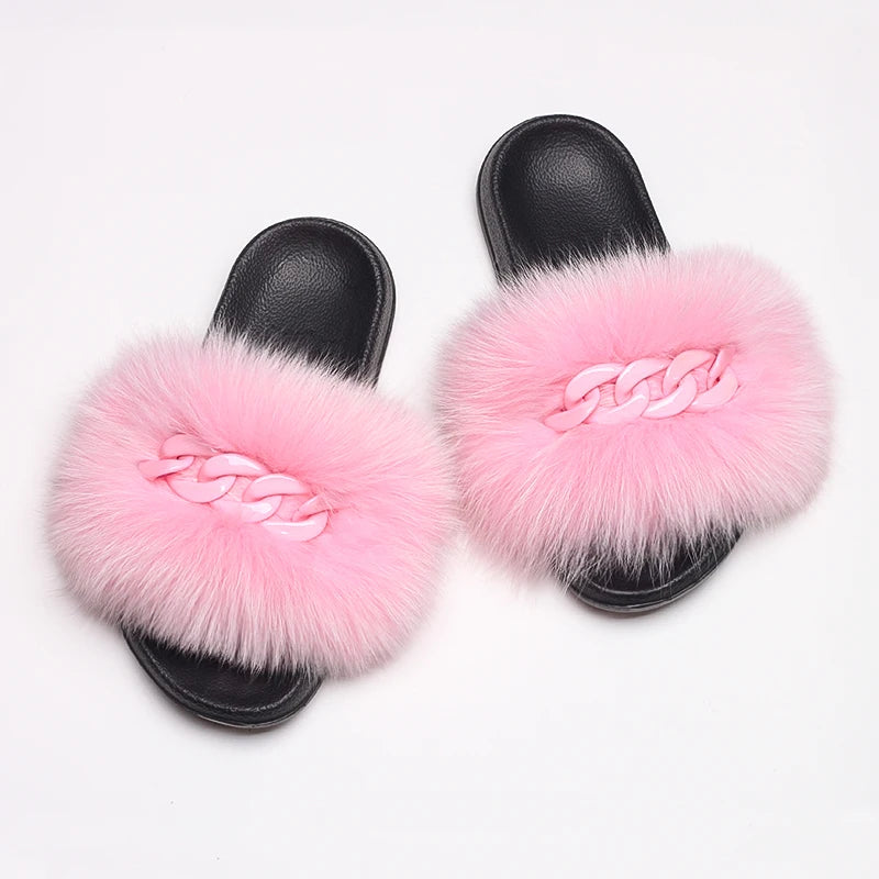 Women’s Fluffy Fox Fur Chain Slides, product view 15 - Rose in Concrete