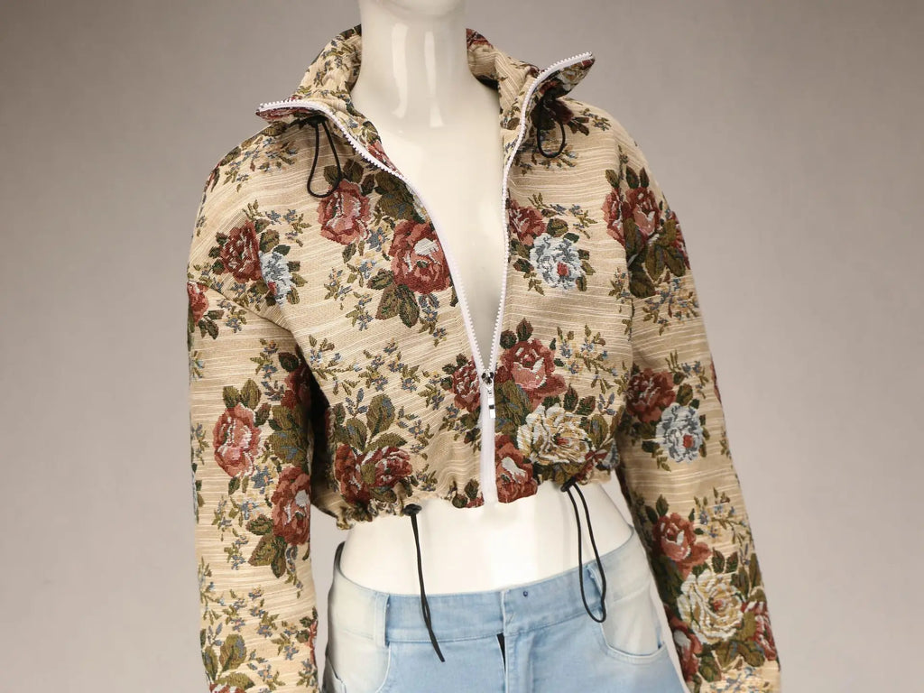 Alt Tag: Floral Bomber Crop Jacket & Cargo Patchwork Wide-Leg Jean Set floral cropped bomber jacket front view