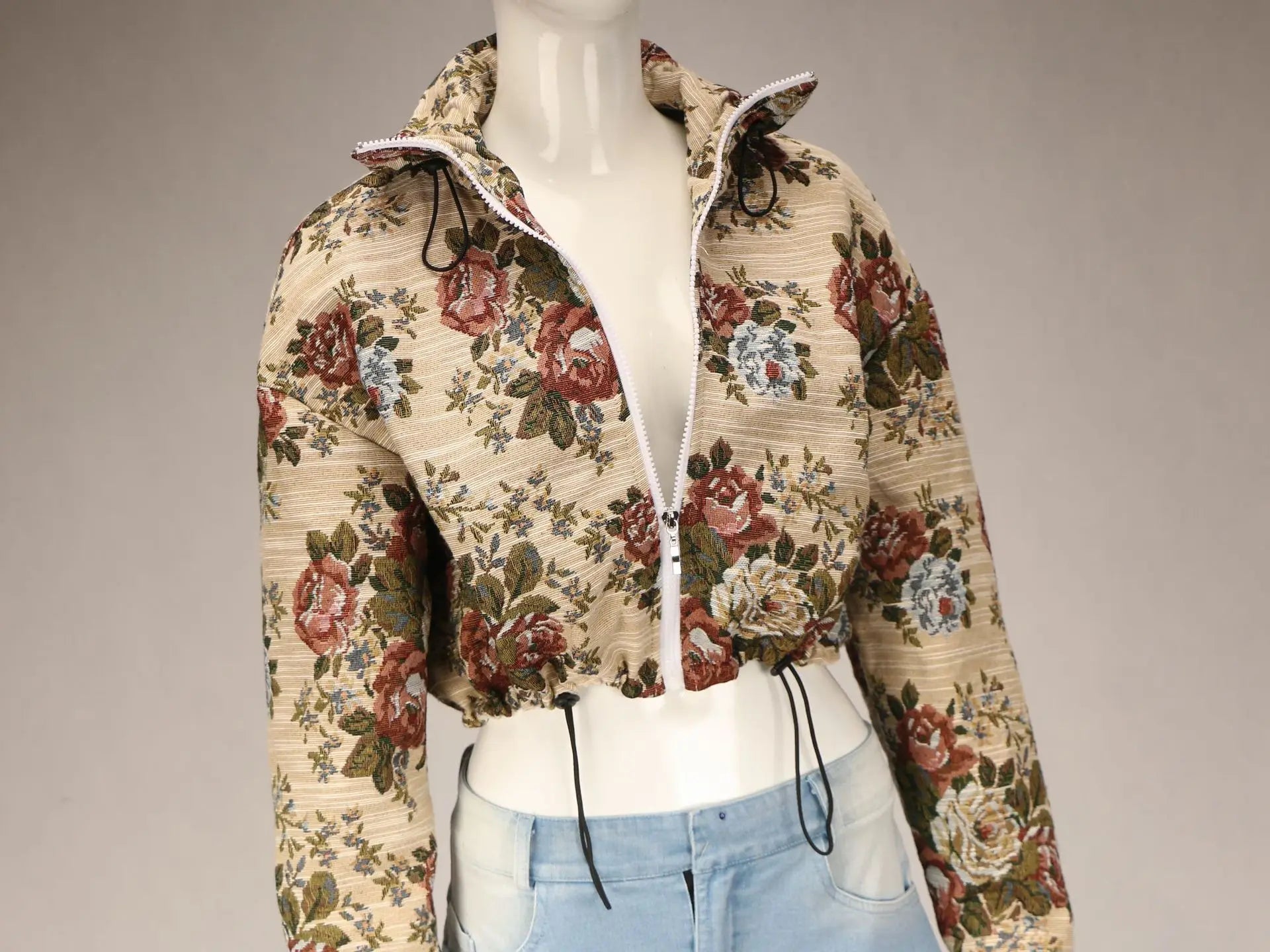 Alt Tag: Floral Bomber Crop Jacket & Cargo Patchwork Wide-Leg Jean Set floral cropped bomber jacket front view