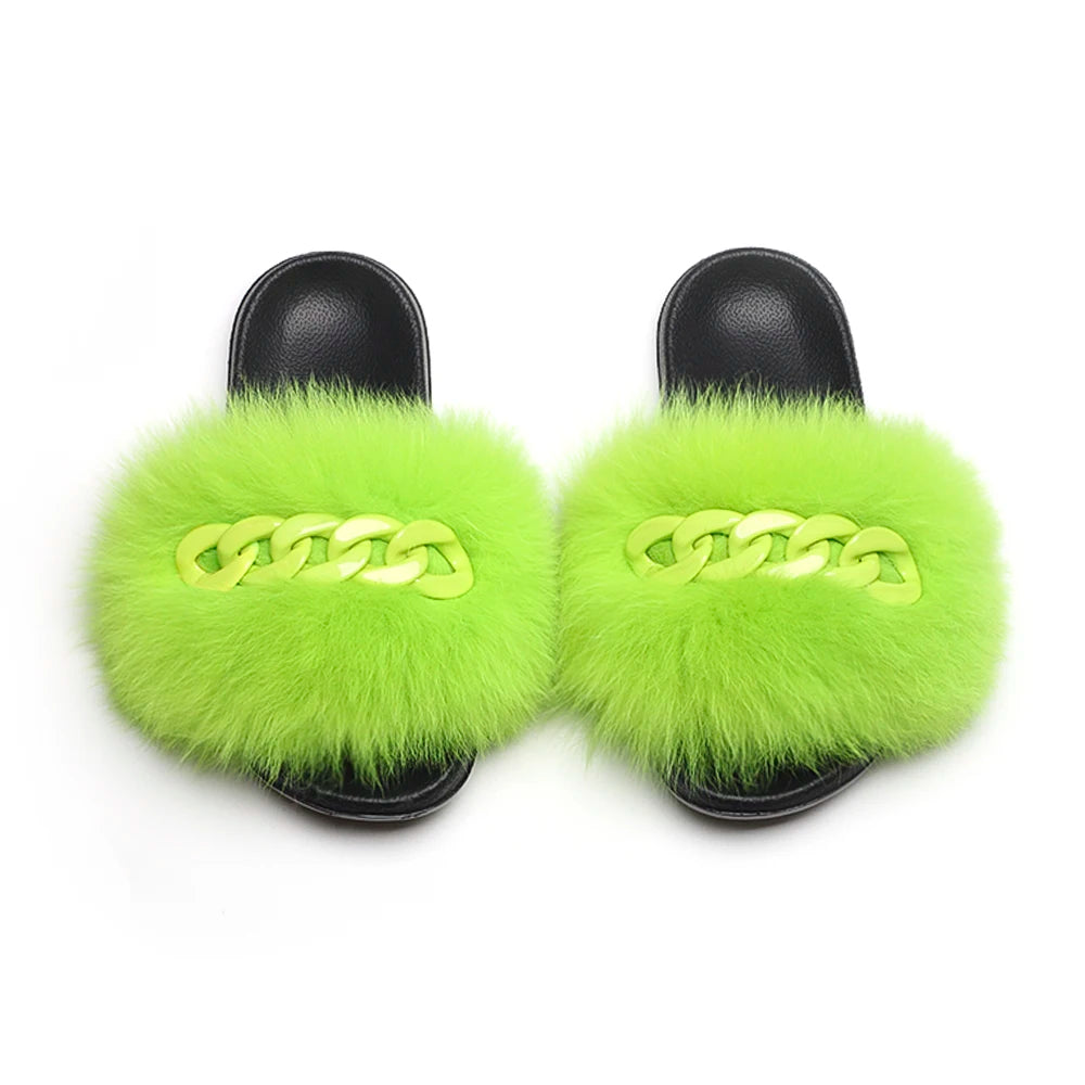 Women’s Fluffy Fox Fur Chain Slides