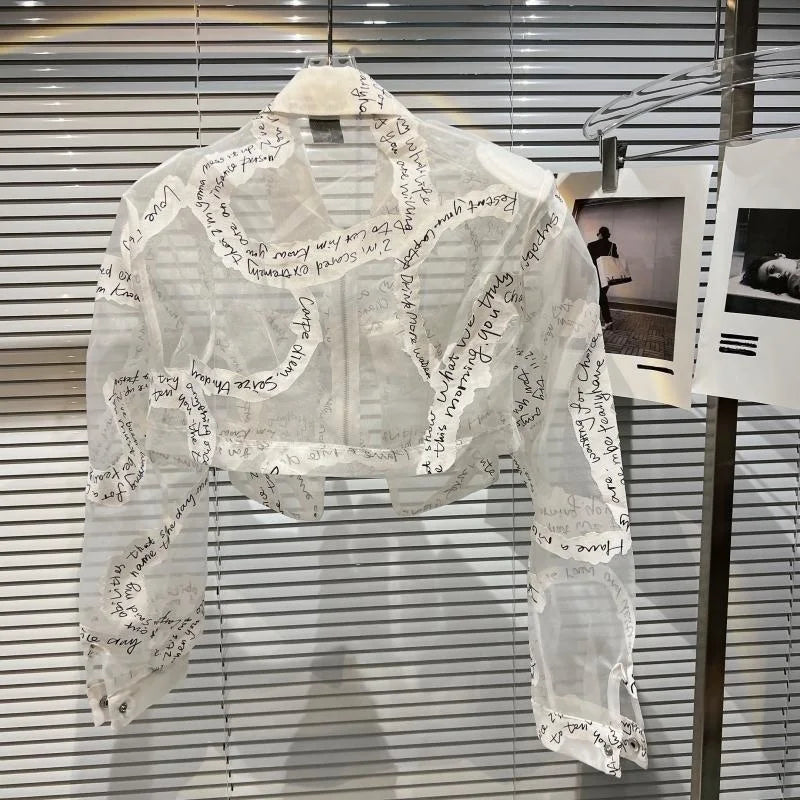 Transparent Mesh Crop Jacket – Turn-Down Collar & Lantern Sleeves - Rose In Concrete 🥀