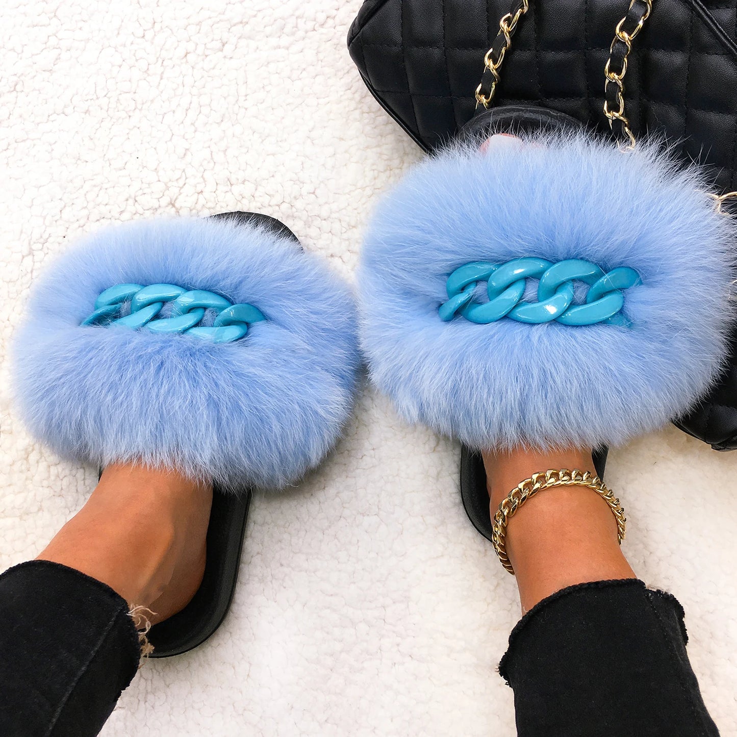 Women’s Fluffy Fox Fur Chain Slides, product view 12 - Rose in Concrete