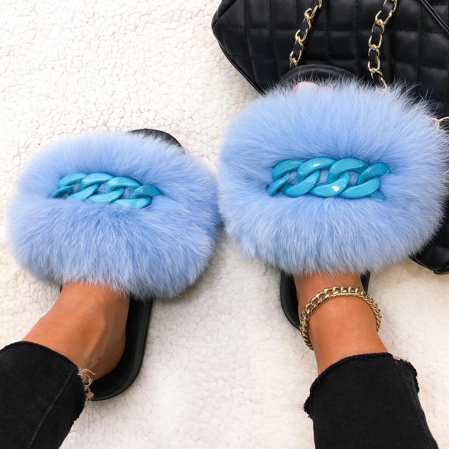 Women’s Fluffy Fox Fur Chain Slides, product view 12 - Rose in Concrete
