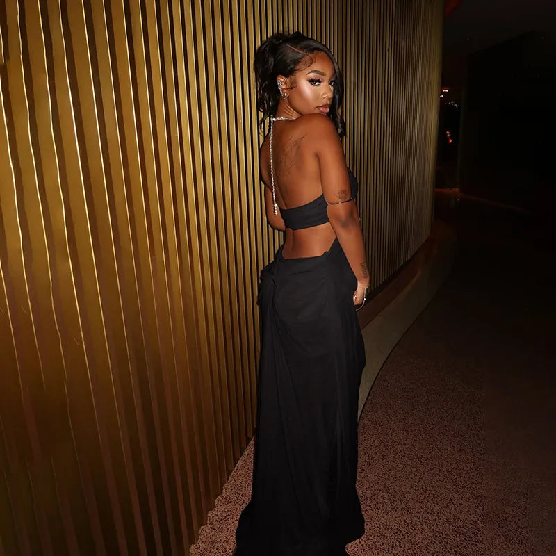 Rhinestone Halter Cutout Mesh Maxi Dress, product view 7 - Rose in Concrete