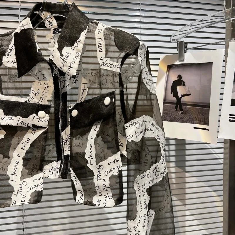 Transparent Mesh Crop Jacket – Turn-Down Collar & Lantern Sleeves - Rose In Concrete 🥀