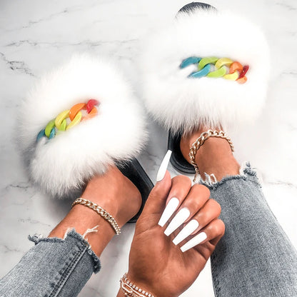 Women’s Fluffy Fox Fur Chain Slides, product view 10 - Rose in Concrete