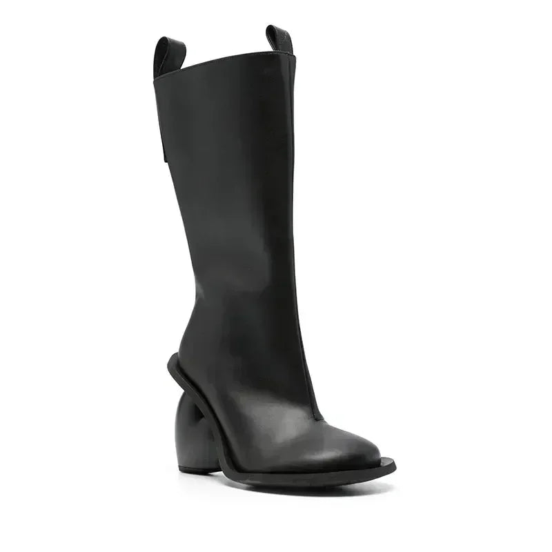 Heartbreak Heeled Mid-Calf Boots black sculptural curved heart heel women’s fashion mid-calf boots microfiber leather