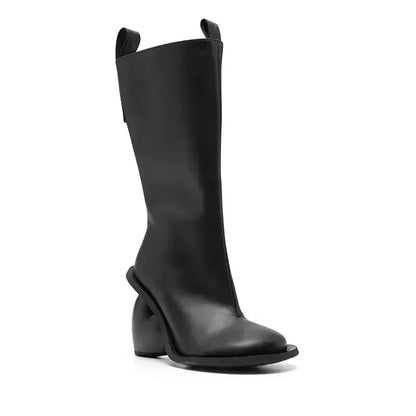 Heartbreak Heeled Mid-Calf Boots black sculptural curved heart heel women’s fashion mid-calf boots microfiber leather