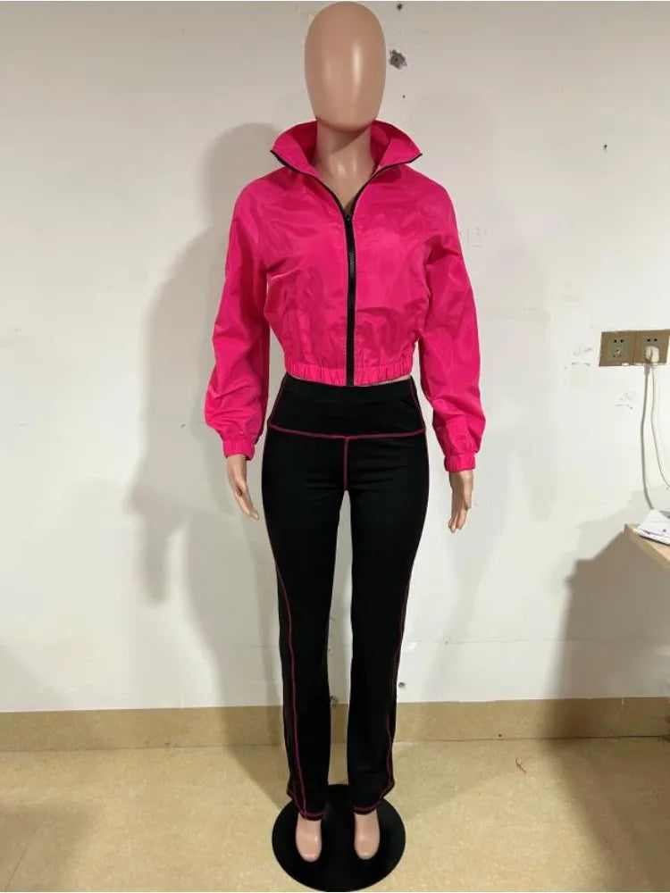Velocity Luxe Zip-Front Active 2-Piece Set | Contrast Stitch Leggings & Cropped Jacket pink glossy cropped jacket black contrast-stitch leggings