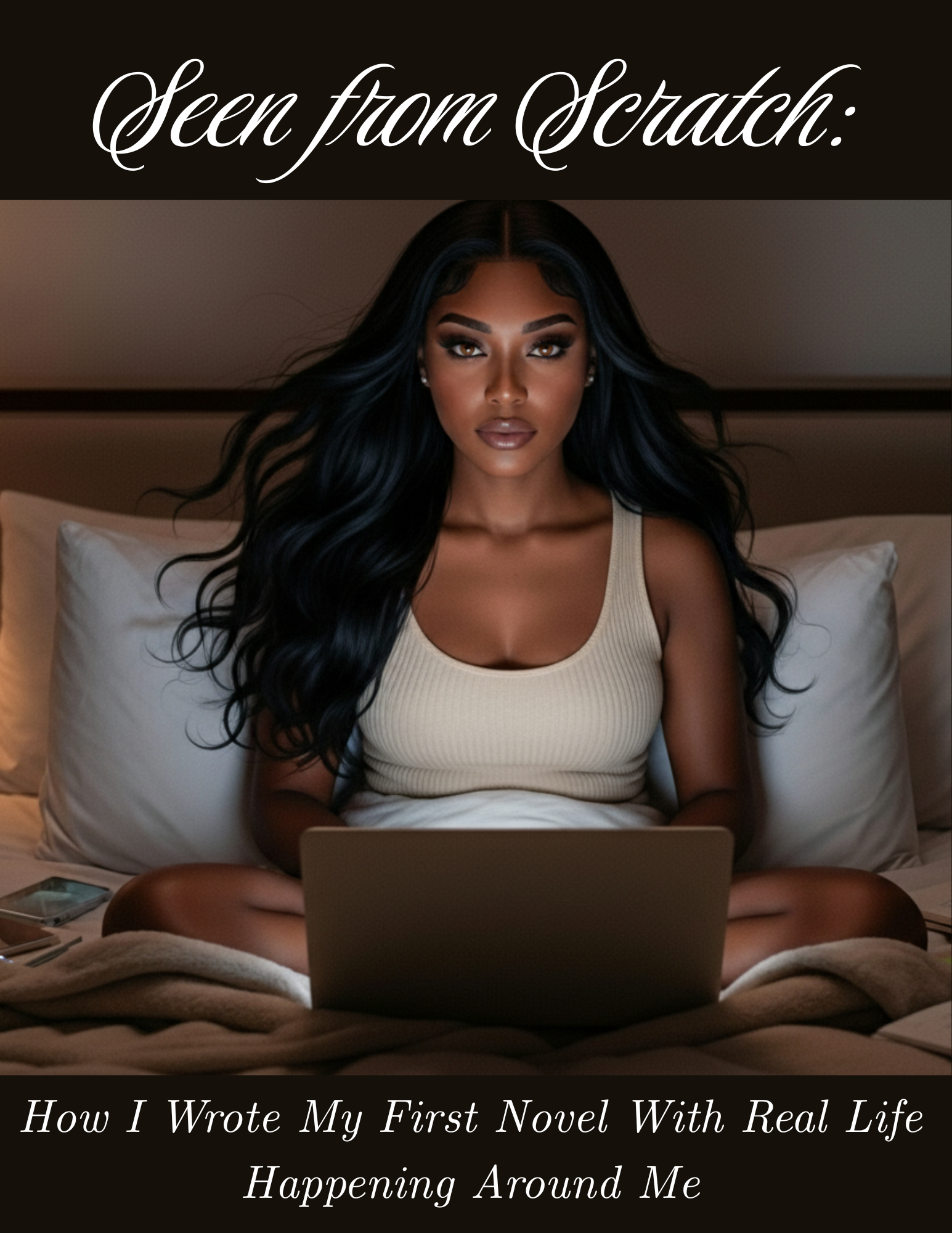 A woman writing her first novel at night, representing the journey in the writing your first novel guide.