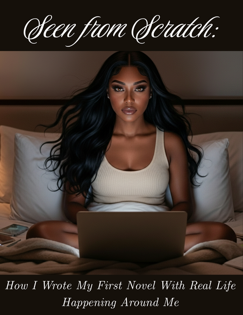 A woman writing her first novel at night, representing the journey in the writing your first novel guide.