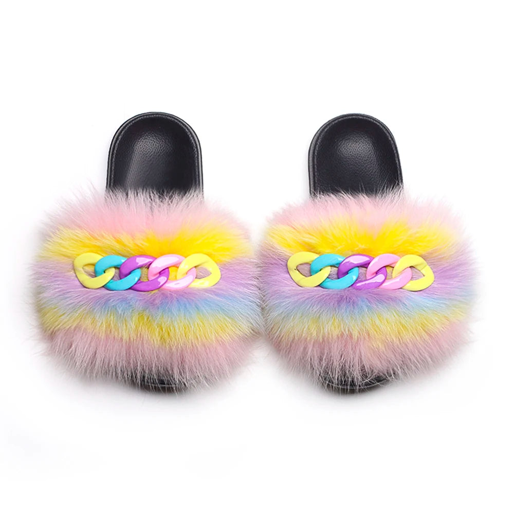 Women’s Fluffy Fox Fur Chain Slides