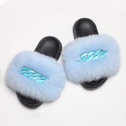 Women’s Fluffy Fox Fur Chain Slides