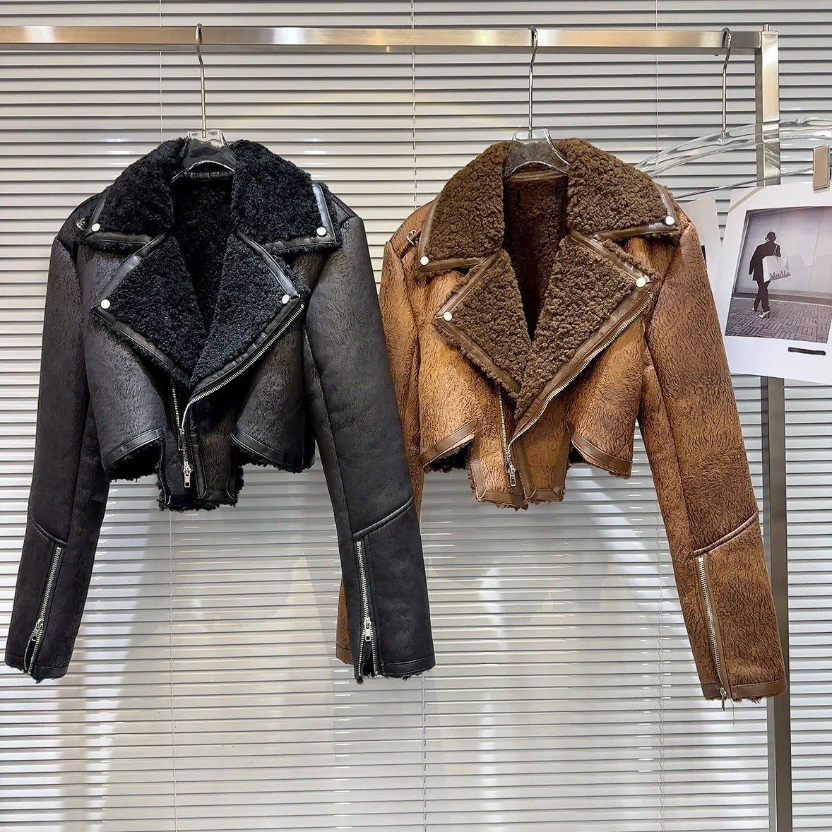 Faux-Leather Shearling Moto Jacket Cropped Winter Biker Coat