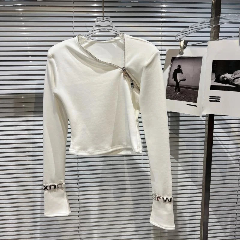 Alt Tag: Asymmetric Zip Sculpt Long-Sleeve Top – Minimalist Streetwear Cutout Tee in white, diagonal zipper neckline, sculpted stretch fit