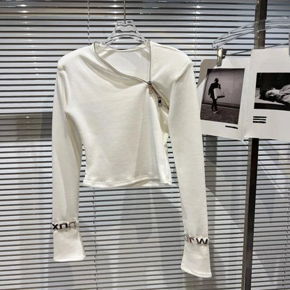 Alt Tag: Asymmetric Zip Sculpt Long-Sleeve Top – Minimalist Streetwear Cutout Tee in white, diagonal zipper neckline, sculpted stretch fit