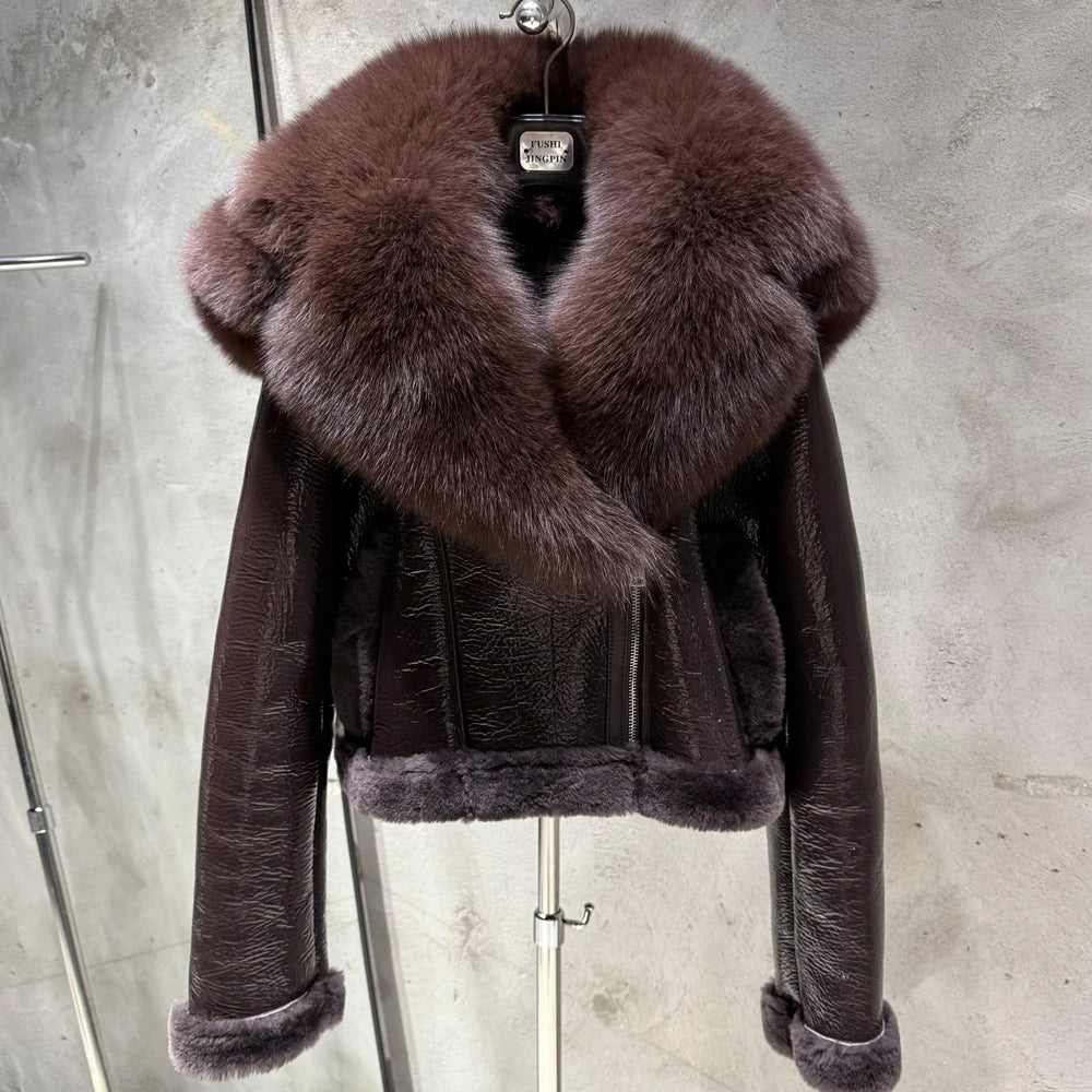 Shearling Luxe Fur-Collar Leather Jacket showcasing a sumptuous oversized shearling fur collar and premium leather exterior.