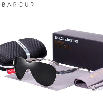 Luxury aviator sunglasses with sleek metal frame, deep-tint lenses, and protective case by Barcur.