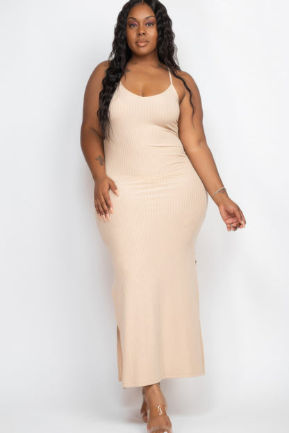 Plus size ribbed maxi dress featuring a side slit, soft rib knit fabric, and a flattering silhouette.