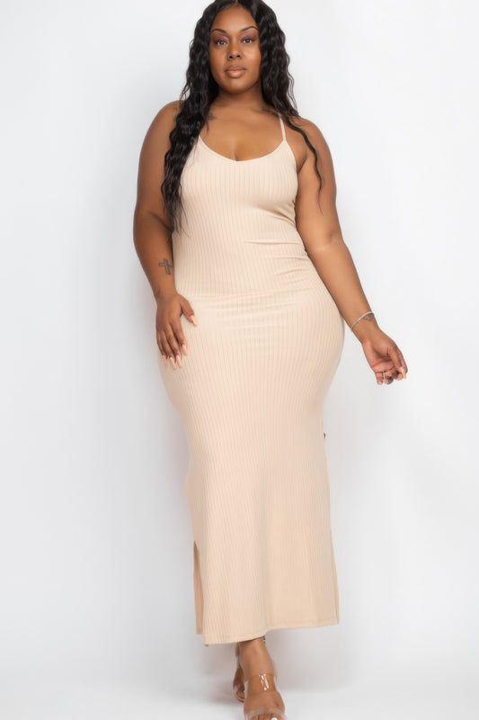 Plus size ribbed maxi dress featuring a side slit, soft rib knit fabric, and a flattering silhouette.